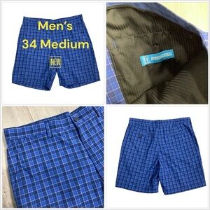 Men's PGA Tour 34 Medium Chino Khakis Shorts Golf Plaid Navy Royal Blue NWOT